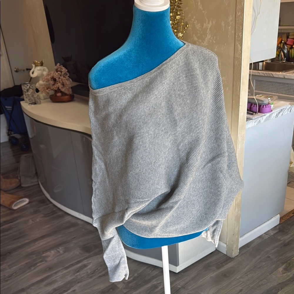 Gray Off-Shoulder Knit Poncho